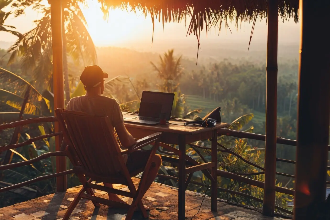 A scene showing diverse young digital nomads working remotely from dreamlike locations.
