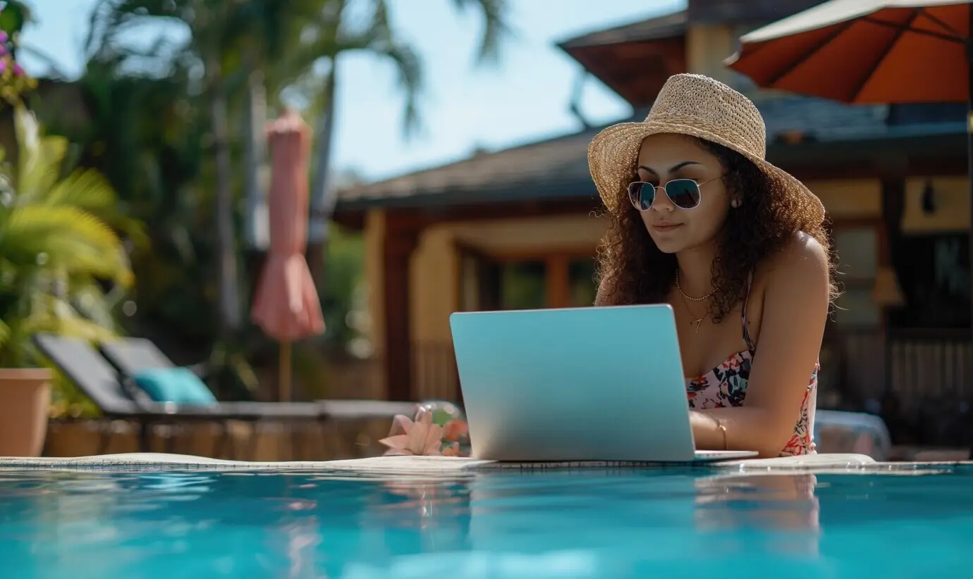 Medium shot of a woman working by the pool.